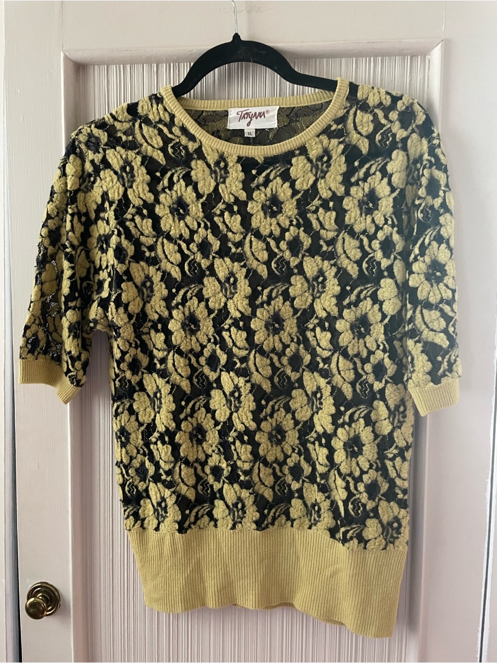 Tatyana Pinup Rockabilly yellow & Black Lace-Overlay Short Sleeve Sweater